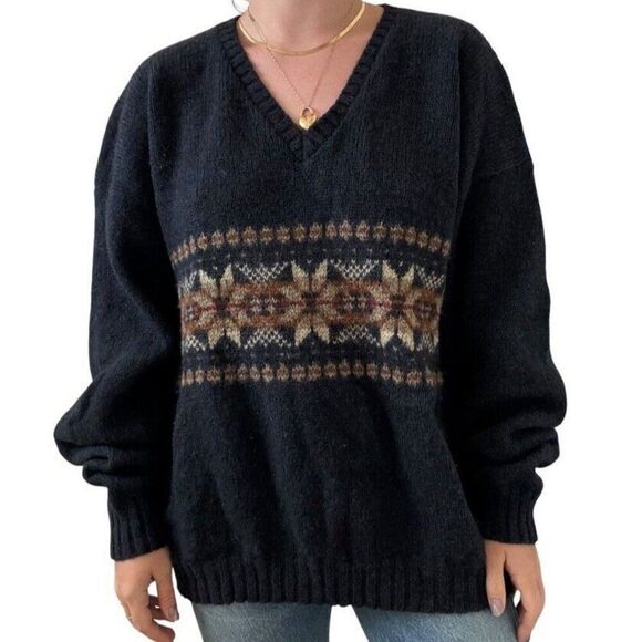 Vintage Eddie Bauer Mens Navy Blue Snowflake Wool V Neck Chunky Sweater XXL - Picture 4 of 6